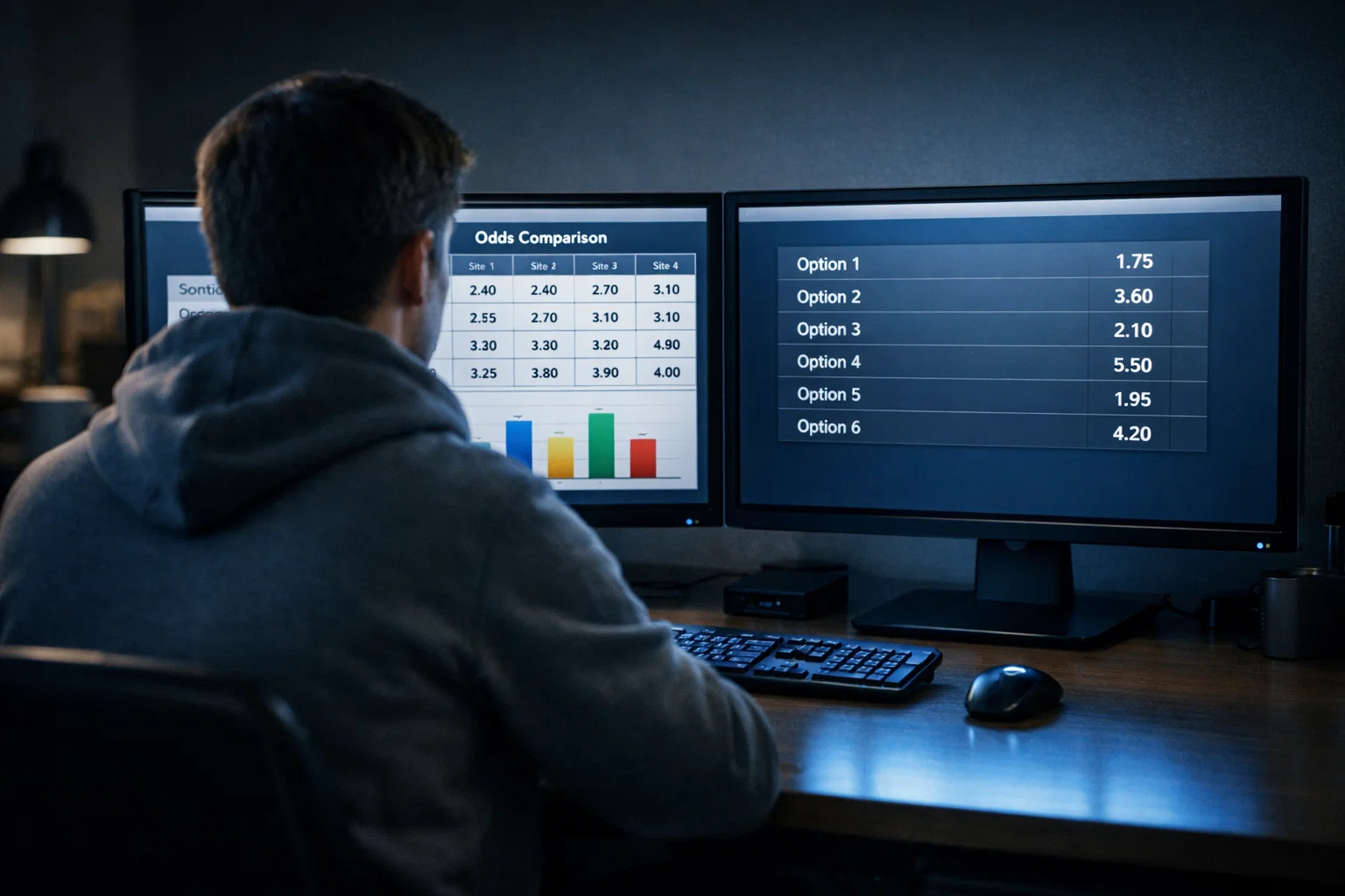 Henkilö vertailee vedonlyöntisivustojen kertoimia kahdella näytöllä vierekkäin