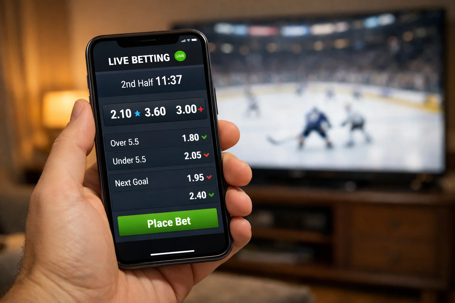 Käsi pitelee älypuhelinta jääkiekko-ottelun live-vedonlyöntinäkymällä televisioidun pelin edessä