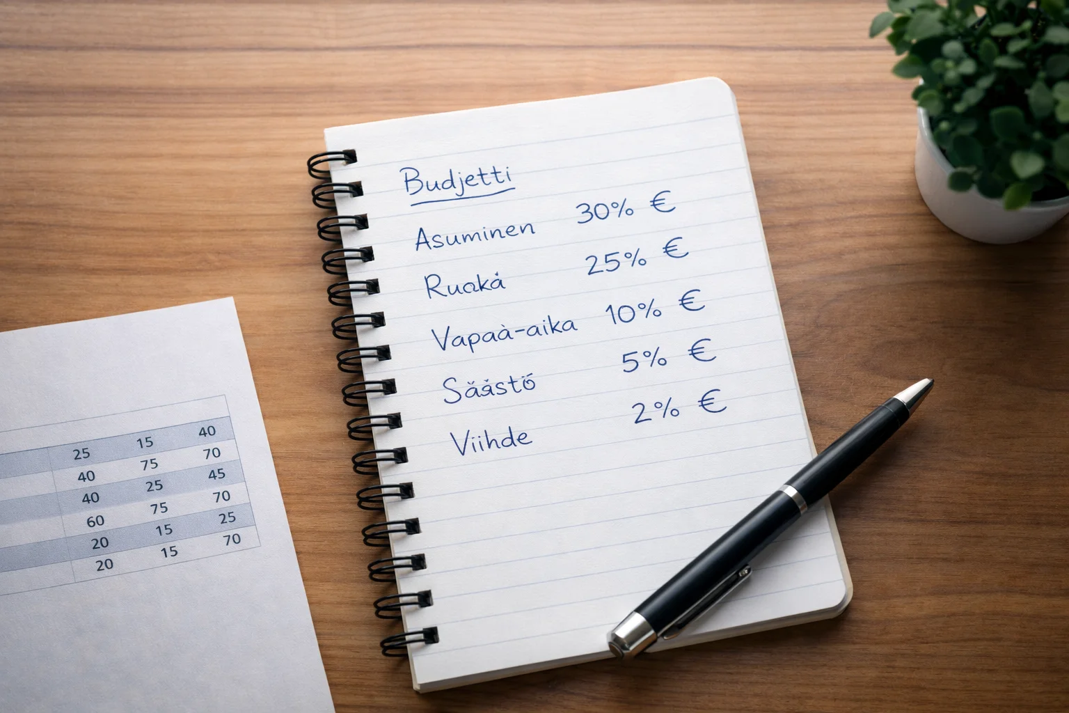 Muistikirja kynän kanssa pöydällä jossa vedonlyönnin budjetti ja panoskoot kirjattuna