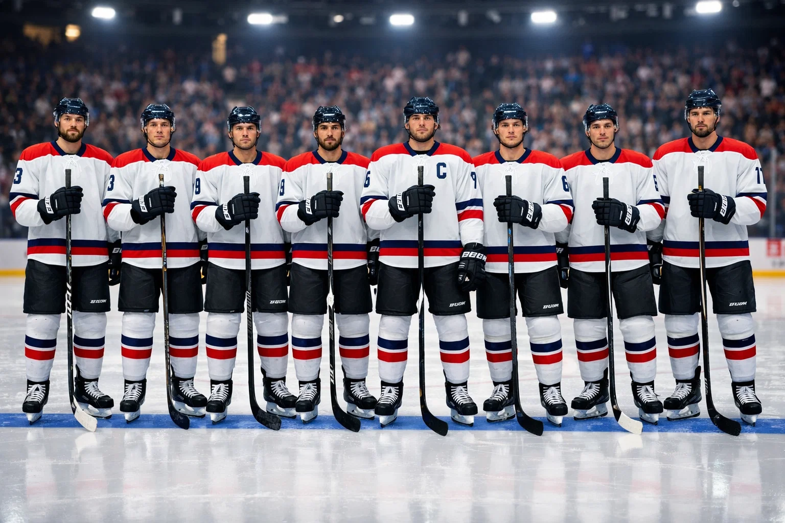 Jääkiekkojoukkueen pelaajat rivissä kansallislaulun aikana MM-kisojen avausottelussa